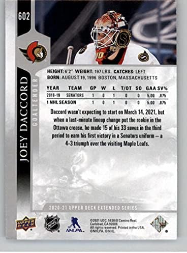 2020-21 Upper Deck Extended Series 602 Joey Daccord Ottawa Senadores NHL Hockey Trading Card