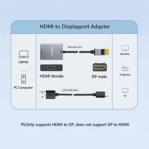 WJESOG HDMI para DisplayPort 8K adaptador com energia USB, HDMI 2.1 Feminino para DP 1.4 Suporte ao conversor masculino