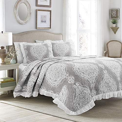 Decoração luxuriante Lucianna Ruffle Edge Cotton 3 peças colchas de picadas, rei, cinza