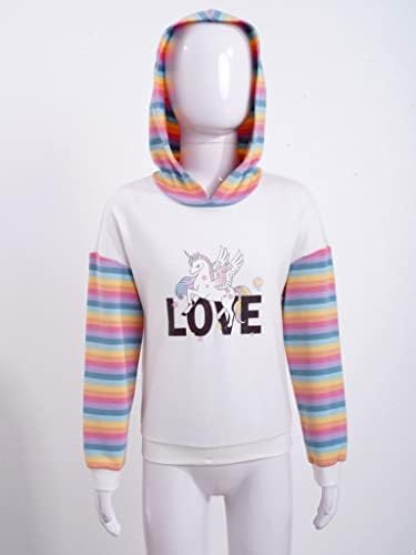 Jowowha Girls Stylish Rainbow Striped Sleeve com capuz com capuz com tampas casuais de pulôver de impressão de desenho animado