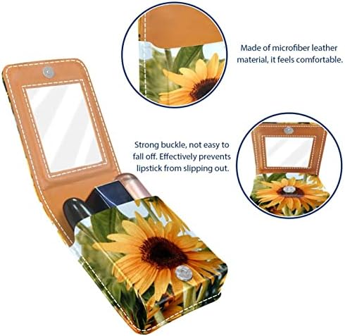 Caixa de batom de maquiagem portátil para viajar, Bolsa de armazenamento de batom de girassol na natureza de flores com espelho para mulheres, bolsa cosmética de couro