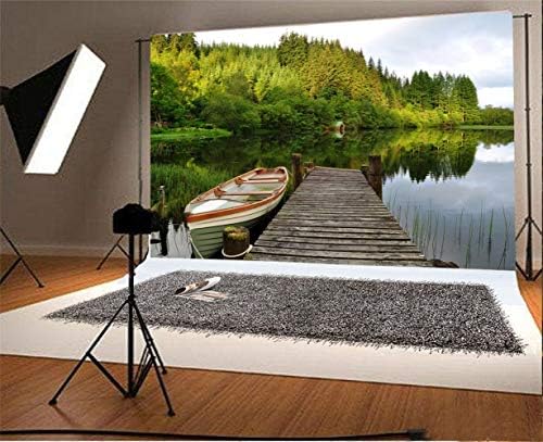 LaeAcco Tranquil Riverside benged boat cenário de primavera cenário de 10x8ft lago cais exuberante floresta pitoresca pitoresca de verão fotografia background background background rustic madeira ponte de casamento sala de fotos papel de parede papel de parede