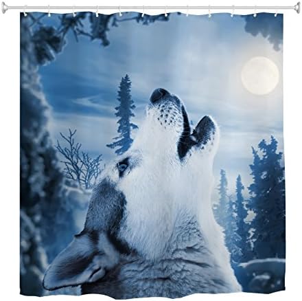 Cortina de chuveiro de lobo de Goodbath, animais selvagens de animais selvagens, cortinas de banheiro de tecido de poliéster, 72 x 72 polegadas, branco azul branco
