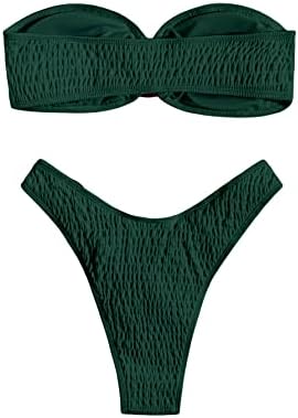 Shein feminino sem alças Bandeau Shirred Swimsuit High Cut Thong O Ring Bikini Conjunto de banho Smocked