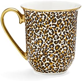 Spode Creaturas da Coleção de Curiosidade Caneca de café com estampa de leopardo, 12 onças, borda de ouro e alça, feita de porcelana fina, canecas para café, xícara de chá, lavagem à mão