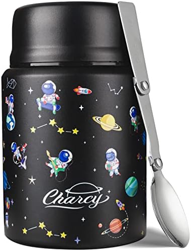 Charcy 17 onça Thermos de crianças para comida quente - Sopa Thermos com colher dobrável - jarra de comida isolada para comida quente e fria - astronautas pretas