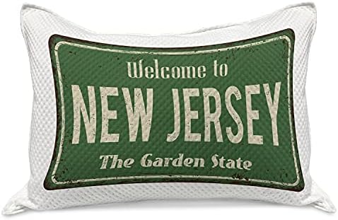 Lunarable USA Kilt Quilt Proachcover, bem -vindo a Nova Jersey O Garden State Tipografia escrita em tons enferrujados vintage, capa padrão de travesseiro de tamanho king para quarto, 36 x 20, verde e marfim