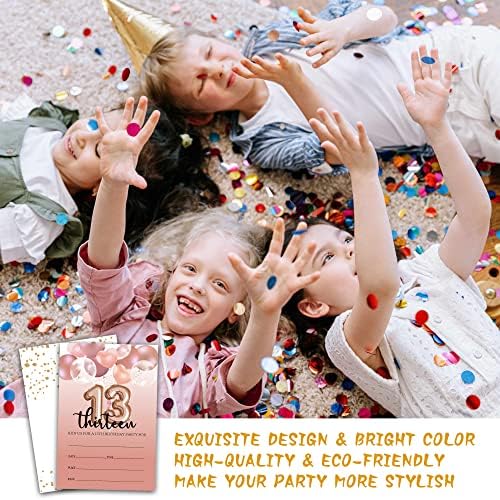 13º aniversário de aniversário com envelopes - Cartão de convite para festas de aniversário de ouro rosa para meninas / meninos - balões de preenchimento de convites - CELEBRAÇÃO DE FESTA CRIANÇAS -16