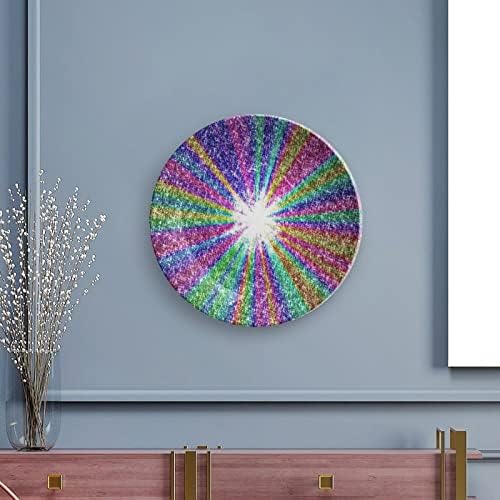 Glitter Rainbow Bone China Decorativa Placas de cerâmica redonda Craft With Display Stand for Home Office Wall Dinner Decor