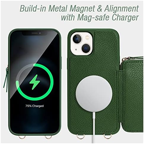 ZVE iPhone 14 Caixa da carteira Magsafe, capa de telefone magnética para mulheres com slots de bloqueio de bloqueio de RFID Slots de lanyard crossbody tira, zíper com bolsa para iPhone 14, 6,1 polegadas verde-escuro