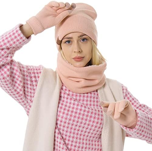 Luvas de tela sensível ao chapéu de chapéu de inverno para homens e mulheres, luvas de gorro mais quentes do pescoço com lã de malha quente forrada