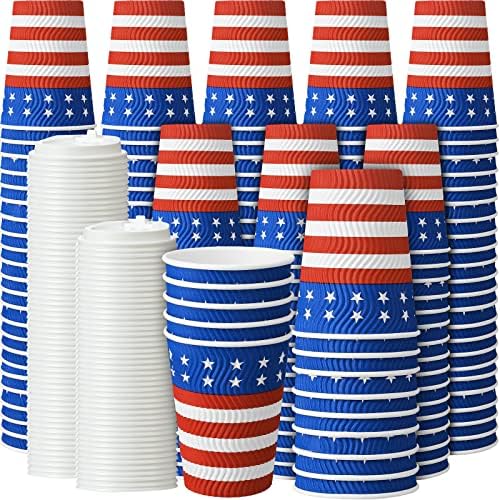 150 pacote 4 de julho xícaras de café descartáveis ​​com tampas 12 oz, xícaras de papel isoladas de copos descartáveis ​​da bandeira americana para bebidas frias para bebidas frias de veteranos