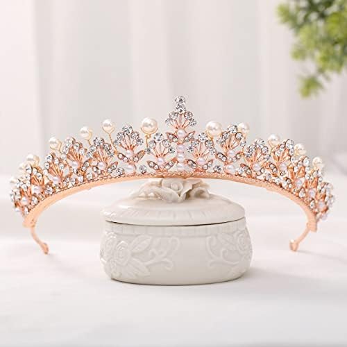 Xuky Rose Gold Pearl Rhinestone Coroa da coroa da cabeça Tiara Hairband Wedding Feminino Feminino Acessórios Crown Capacete