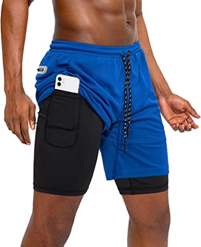 Pinkbomb Men's 2 em 1 exercícios com shorts com bolso de telefone rápido seco de ginástica atlética para homens com bolso com zíper