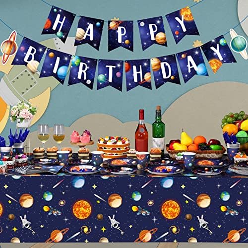 O material de festa de aniversário do espaço externo serve o conjunto de tableware de festas 24 espaciais, incluindo bandeira de feliz aniversário, sistema solar tonto de toque de mesa pratos de copos de guardanapos de facas de facas para decoração de festas para crianças