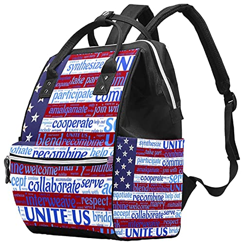 Bandeira e palavras dos EUA Bolsas de fraldas Backpack Mummy Backpack de grande capacidade Bolsa de enfermagem Bolsa de viagem para cuidados com o bebê