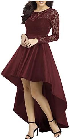 OPLXUO High Low Floral Floral Lace Damaid Vestidos Crewneck Manga Longa Prom Vestido Sólido Uma linha Vestidos de noite