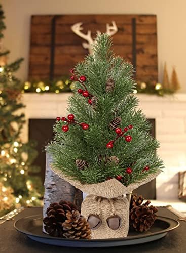16 polegadas Table Top Tree de Natal Pequena Árvore Artificial de Natal Mini Árvore de Natal Com Ferries Vermelhas Pinhe Pines Vintage Jingle Bell e Base Burlap, Decoração de Natal em miniatura para Home Farmhouse Desk
