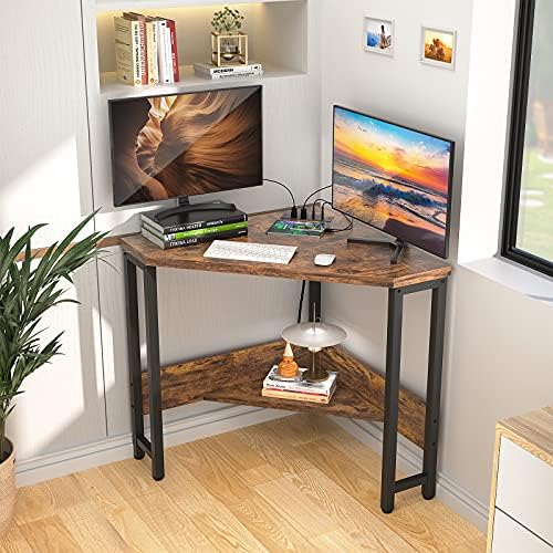 Desk da mesa de canto da armadura, mesa de canto de canto para pequenos espaciais mesa industrial com portas USB Triângulo Desk com armazenamento para escritório em casa, estação de trabalho, sala de estar, quarto, rústico