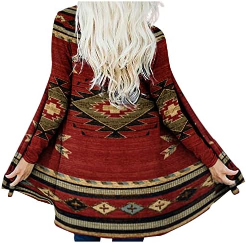 Mulheres Western Ethnic Aztec Long Cardigans Vintage Open Front Outwear Luva Longa Casuais Casuais Casuais