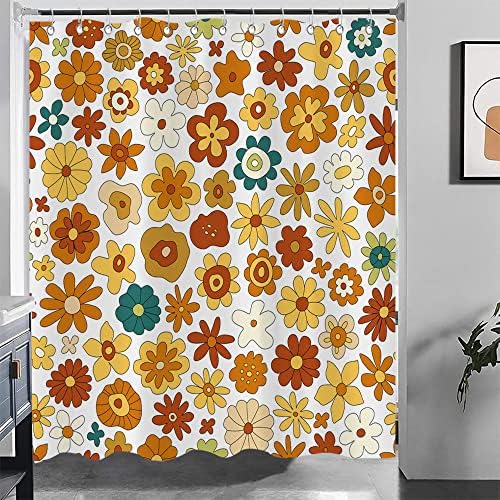 Conjunto de cortina de chuveiro floral retro Boho, Funky Vintage 70s 60s Flores Curturas de chuveiro Banheiro incluem ganchos 60 WX72
