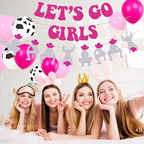 Cowgirl Let's Go Girls Bachelorette Decorações - Balões de Banner de Bacharel em Rosa e Prata Hot - Nashville, Last Rodeo,