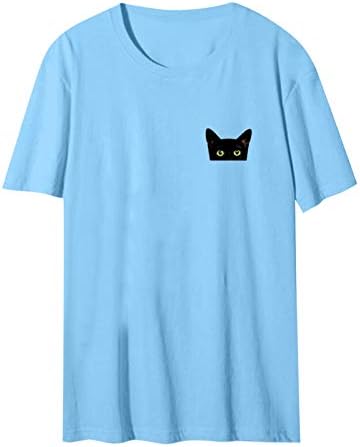 Cinzas fofas de estampa de gato para mulheres Summer Summer Manga curta pescoço tamts Tops Casual Blouses soltas camiseta de férias