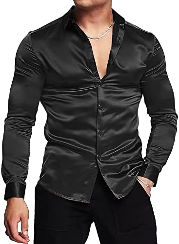 Urru masculino de seda brilhante como camisa de cetim de manga longa casual slim fit muscle up camisetas