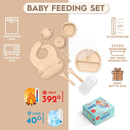 Conjunto de alimentação de bebê de silicone-11pcs de alimentação de bebês com tigelas e pratos de sucção, garfo, colher, babador,