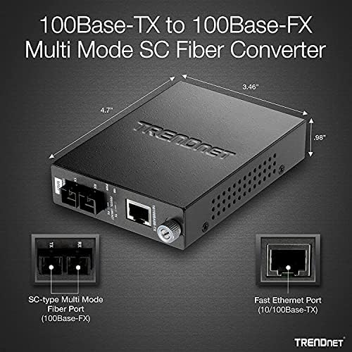 TrendNet 100Base-Tx a 100Base-FX Multi Mode SC Fiber Media Converter, Fiber to Ethernet Converter, porta RJ-45, porta de fibra, montagem de parede, proteção ao longo da vida, preto, TFC-110MSC