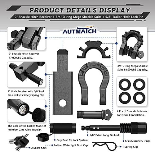 Autmatch Mega Shackles 3/4 D Chapo de anel e receptor de engate de 2 com 5/8 Pino de travamento do trailer, 68.000 lbs