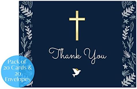 Cartões de agradecimento cristão Notas de reconhecimento católico religioso marinho azul e ouro sagrada comunhão Baptismo Confirmação