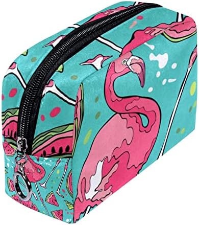 Saco de maquiagem pequeno, organizador cosmético de bolsa com zíper para mulheres e meninas, havaiano tropical de melancia rosa flamingo