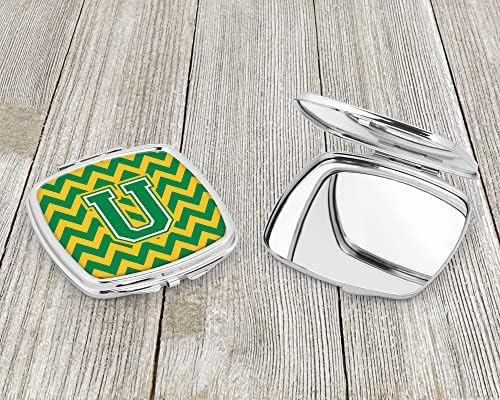 Tesouros de Caroline CJ1059-ASCM LETRA U Chevron Green e Gold Compact Mirror, espelho de maquiagem de viagem decorativa para mulheres