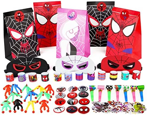110pcs Spider and Friend Festa temática Favor Favory Suprimentos de festa de aniversário de super -herói com sacolas de guloseimas, incluindo máscaras, adesivos de pulseira etc.