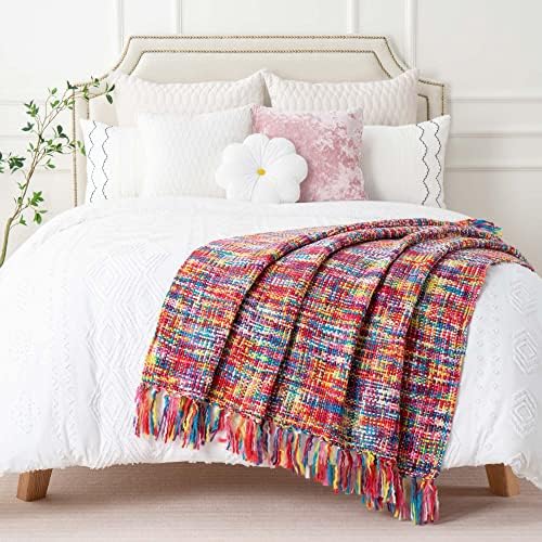 Battilo Home Multi Colorful Throw Planta com borlas, cobertor decorativo de casa para sofá, Boho Throw Cobertores para sofá, cama
