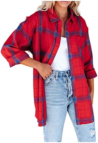 Camisa de manga comprida feminina Casa de casaco de lã Blend Plus Size Plaid Shacket Tunic Blouse Bouse Bouse