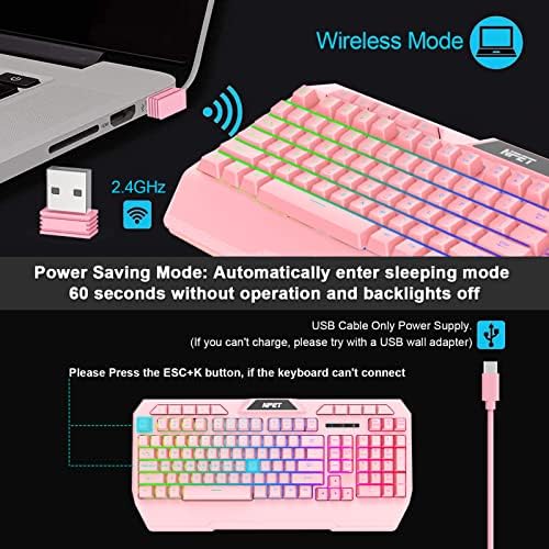 Npet K32 Wireless Gaming Teclado, teclado de computador com retroilumação de LED com 10 chaves multimídia dedicadas