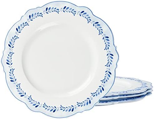 Fanquare 11 polegadas de porcelana Placas de jantar conjunto de 4, elegantes placas de anel de grama azul para bife, microondas