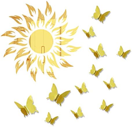 Adesivo de espelho de flor do sol, adesivos de parede de luxo em borboleta 3D, decoração de acrílico de diy de auto adesivo, sala de estar removível da sala de estar decalques de decoração de espelho de decoração