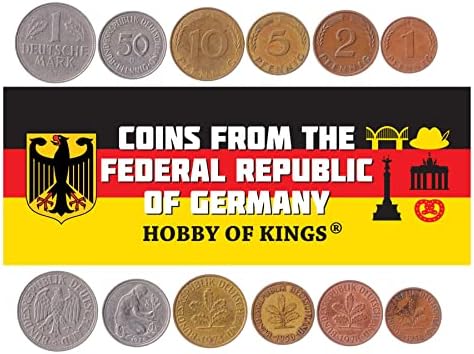 6 moedas da Alemanha | Coleção de moedas alemães 1 2 5 10 50 Pfennig 1 Deutsche Mark | Circulou 1950-2001 | Oak | Águia