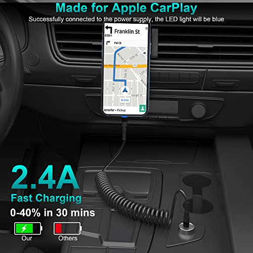 Cabo de raios para iPhone enrolado para Apple CarPlay, USB enrolado para o cabo Lightning com MFI, Chaço de carregador de iPhone