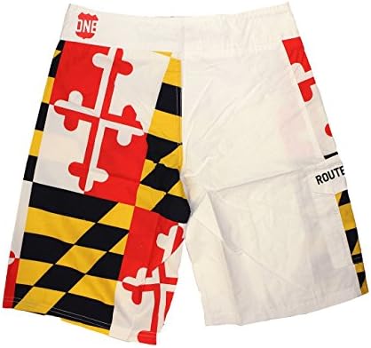 ROTA Um vestuário | Shorts de prancha de bandeira de Maryland, troncos de natação com bolso de carga, mistura de microfibras de poliéster,