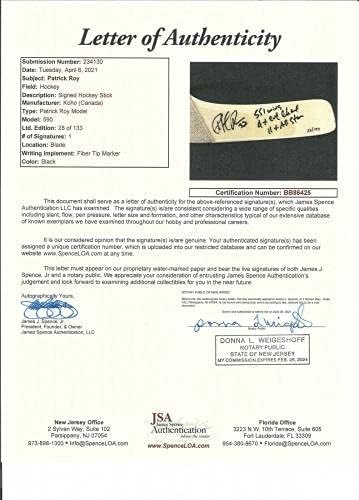 Patrick Roy assinou e inscreveu o Colorado Avalanche Koho Goalie Stick JSA COA - Autographed NHL Sticks