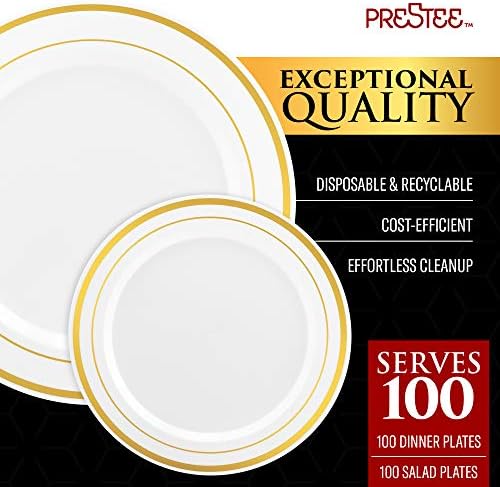 Prestee 200pc Placas plásticas de ouro - 100 pratos e 100 placas de salada, placas de plástico brancas + argamas de ouro para festas,