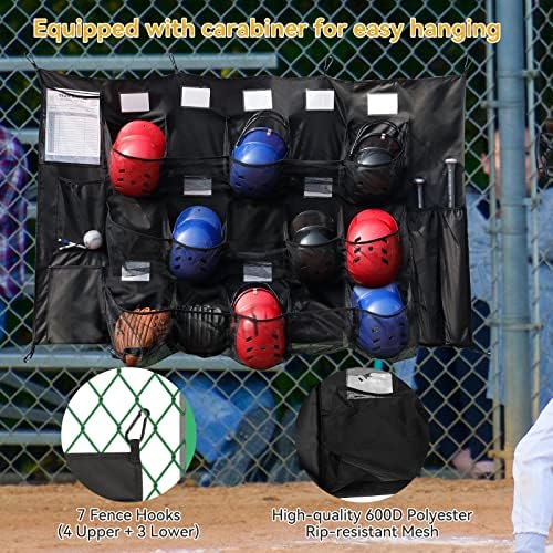 Bolsa de capacete pendurada no QBA para equipe de softbol de beisebol, organizador de esconderijo segure até 15 jogadores capacetes 4 morcegos de beisebol, bolsa de armazenamento de equipamentos de beisebol, preto