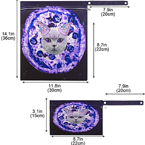 VISESUNNY CAT E PIZZA PURPLA 2PCS Saco molhado com bolsos com zíper para fraldas salateadas reutilizáveis ​​laváveis ​​para viajar,