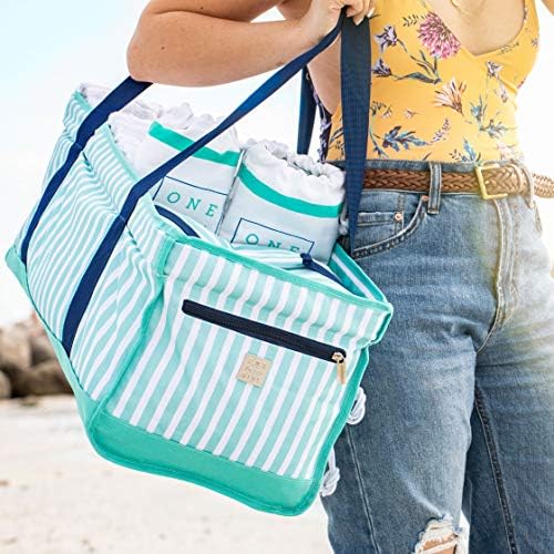 Bag de lona de praia esclarecedas de praia com toalhas de praia e bolsa mais refrigerada, bolsa impermeável de grandes dimensões para