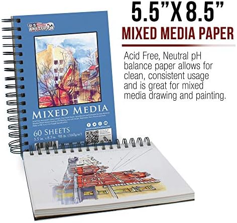 Art Supply dos EUA 5,5 x 8,5 Media Media Paper Pad Sketchbook, 2 pacote, 60 folhas, 98 lb - encadernação em espiral, perfurada,
