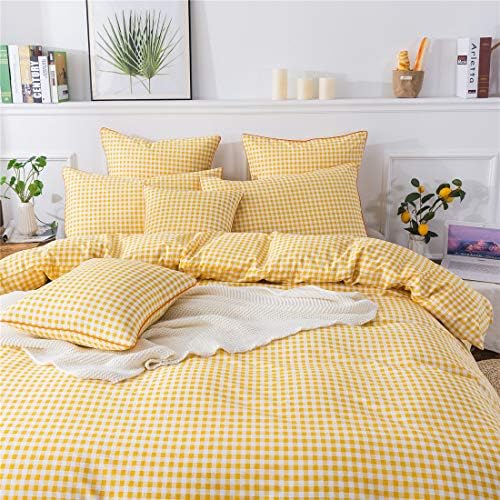 Fadfay Yellow Plaid Duvet Capa Conjunto de Twin XL Algodão Grade macia Redding Reversível Gingham Bedding com fechamento de zíper 3pcs, tampa 1Duvet e 2pillowcases, Twin Extra Long Size para quarto de dormitório